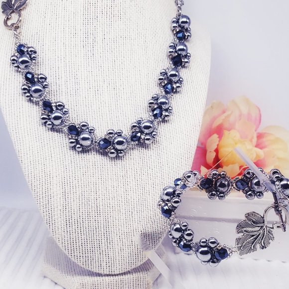 Midnight Ivy Hematite Jewelry - Silver & Dark Blue Necklace Bracelet Earring Set - Picture 10 of 14